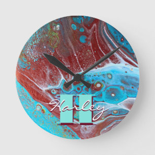 Copper and Teal Acrylic Flow Art Round Clock