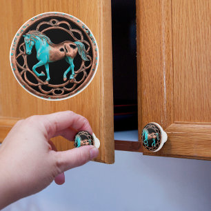 Copper and Turquoise Horse on Black Ceramic Knob