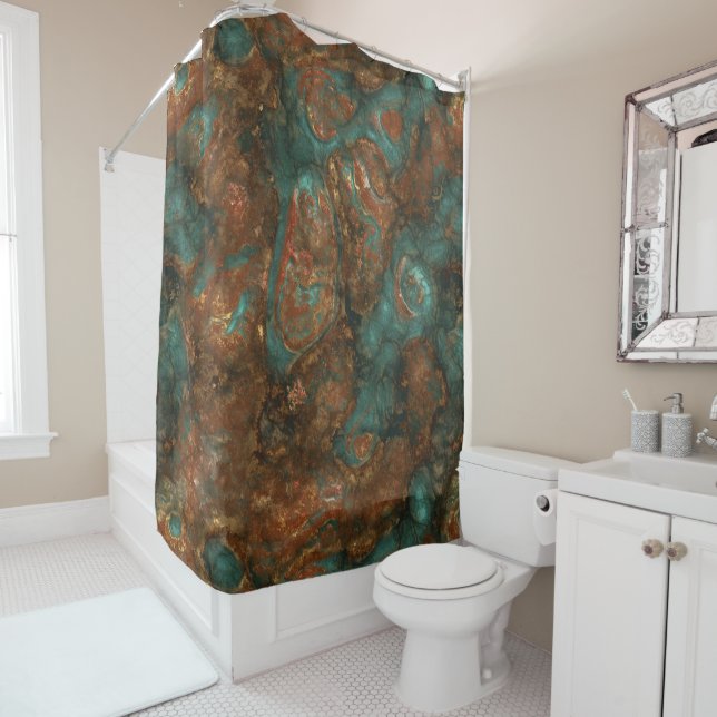 Copper and Turquoise Stone Abstract Shower Curtain (In Situ)