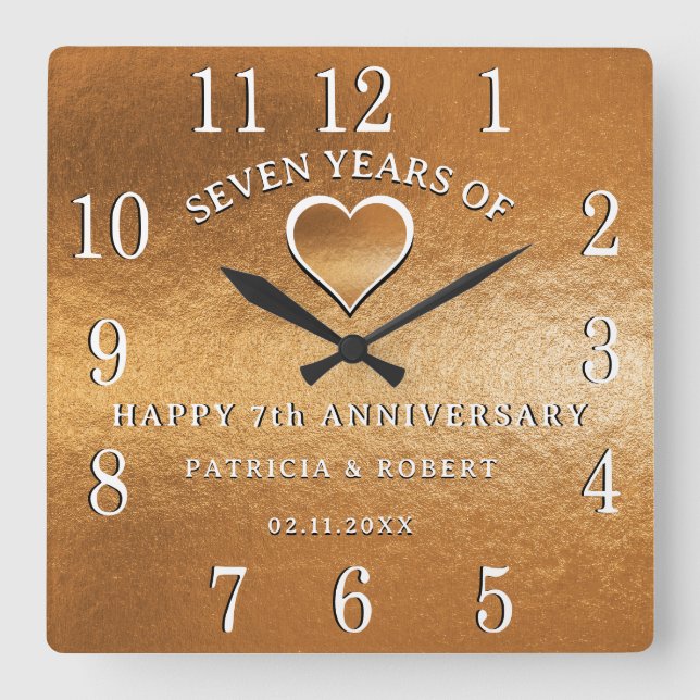 Copper Anniversary 7 Year Wedding Anniversary Gift Square Wall Clock (Front)
