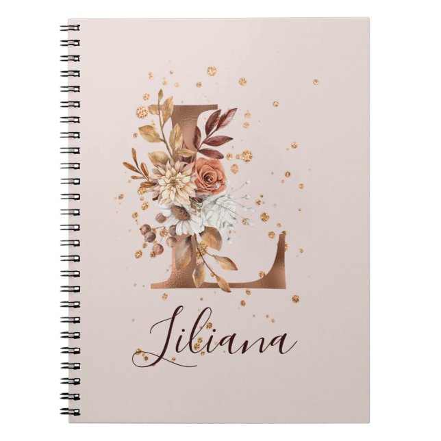 Copper Autumn Floral Letter L Fall Flowers Notebook (Front)