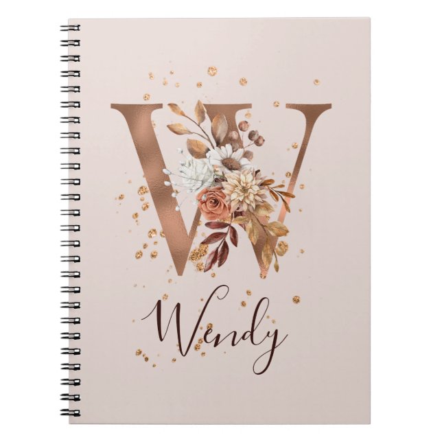Copper Autumn Floral Letter W Fall Flowers Notebook (Front)