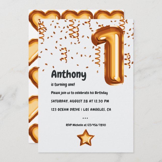 Copper Balloon 1st Birthday Invitation (Front/Back)