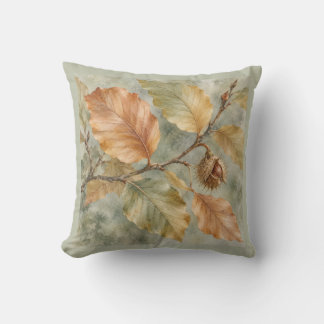 Copper Beech Leaves Sage Botanical Watercolor Cushion