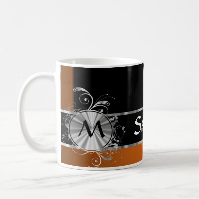 Copper black and silver monogram coffee mug (Left)