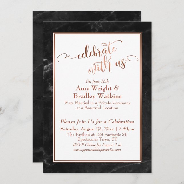 Copper Black Marble Celebrate with Us Wedding Fun Invitation (Front/Back)