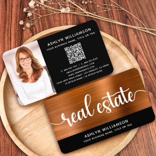 Copper Black Photo Real Estate Agent QR Code Bold Business Card