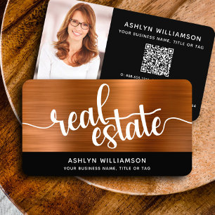 Copper Black Real Estate Agent Photo QR Code Bold Business Card