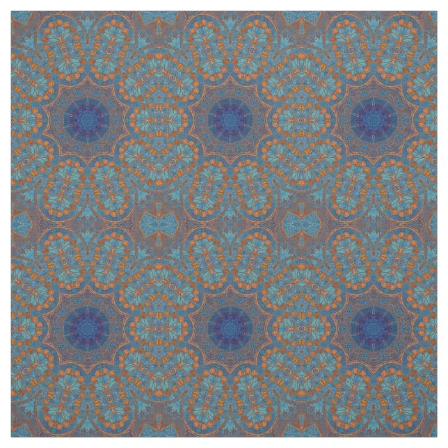 Copper Blue Circles Indian Print Pattern Fabric (Swatch)