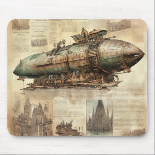 Copper Blue Grey Steampunk Airship Vintage Art Mouse Pad