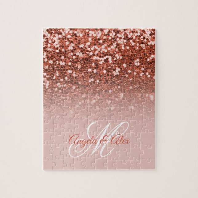 Copper Blush Confetti Glitter Ombre Monogram Jigsaw Puzzle (Vertical)