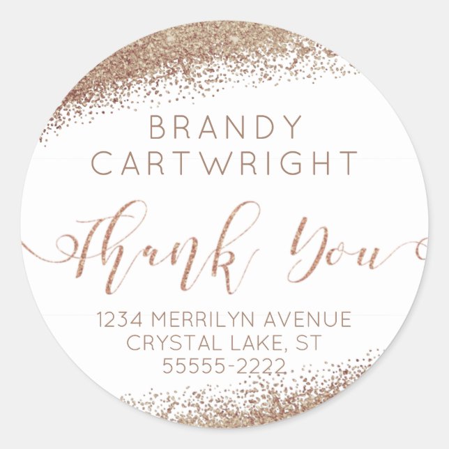 Copper Blush Gold Glitter Elegant Script Thank You Classic Round Sticker (Front)