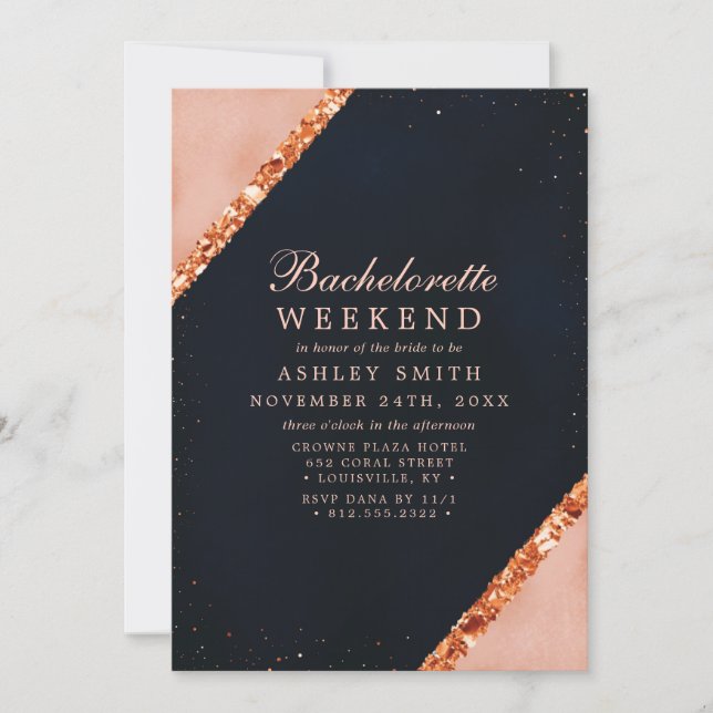 Copper Blush Pink Navy Modern Bachelorette Weekend Invitation (Front)
