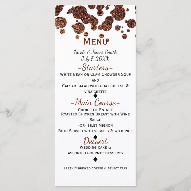 Copper Bronze Modern Glamour Confetti Menu (Front)