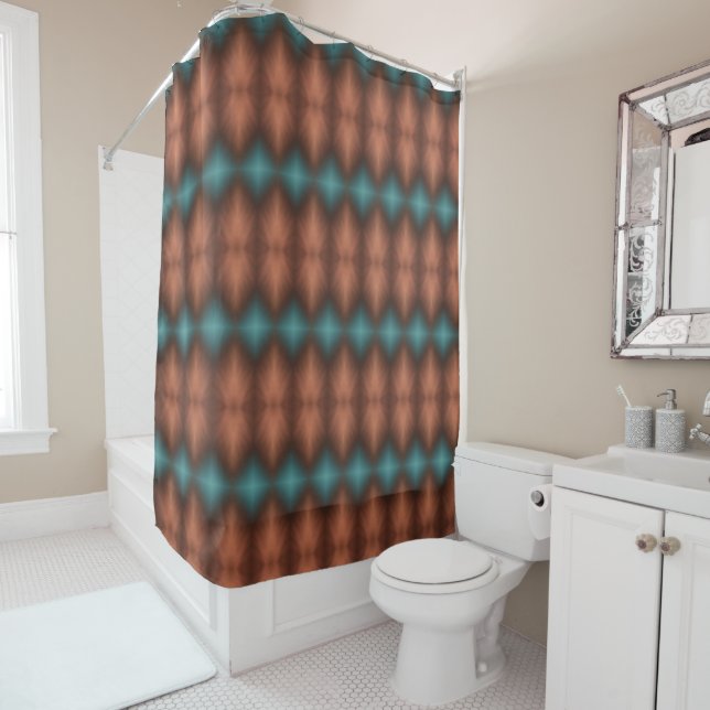 Copper Brown and Turquoise Shower Curtain (In Situ)
