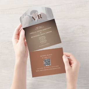 Copper Brown Photo QR Wedding All In One Invitation