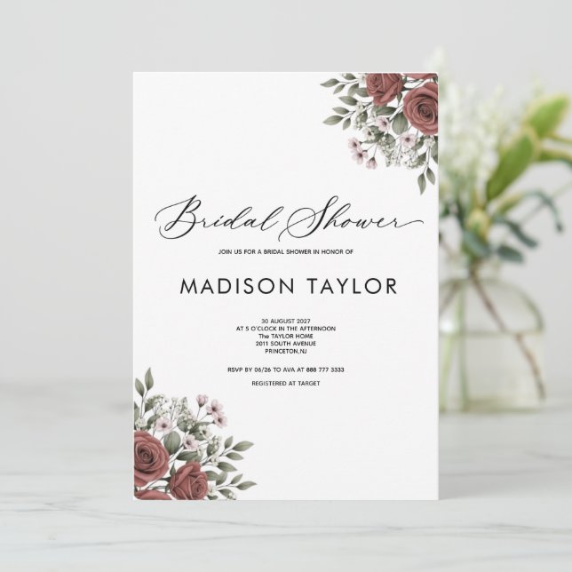 COPPER BROWN RUSTIC Floral Bridal Shower Invitation (Standing Front)