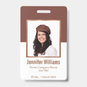 Copper Brown White Photo in Faux Metal Frame ID Badge