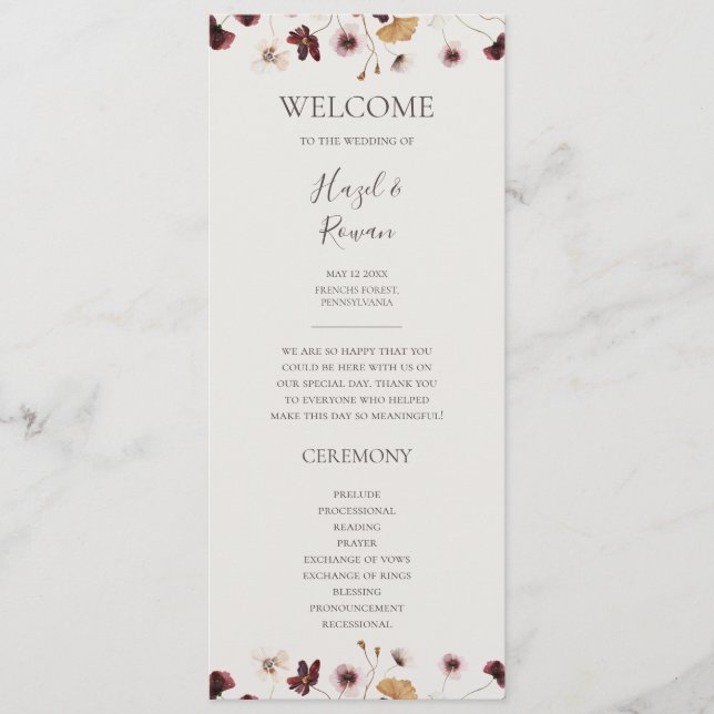 Copper Burgundy Wildflower | Beige Wedding Program Programme (Front)