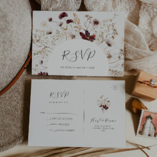 Copper Burgundy Wildflower   beige Wedding RSVP Postcard