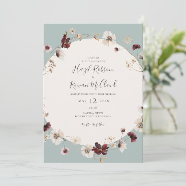 Copper Burgundy Wildflower | Teal Casual Wedding Invitation (Standing Front)