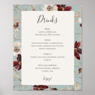 Copper Burgundy Wildflower Teal Drinks Menu Sign