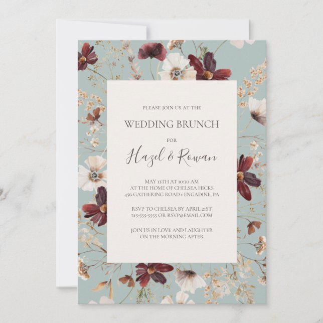 Copper Burgundy Wildflower | Teal Wedding Brunch Invitation (Front)