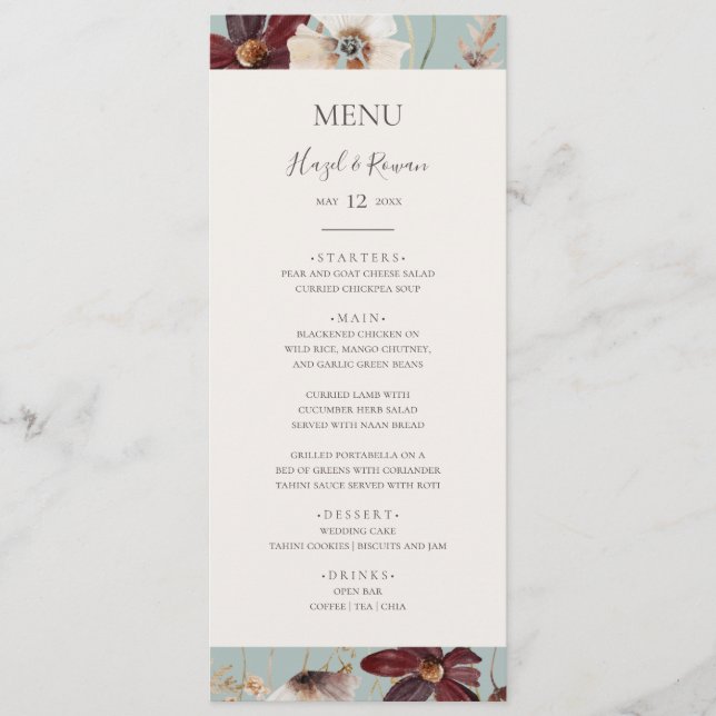 Copper Burgundy Wildflower | Teal Wedding Dinner Menu (Front)