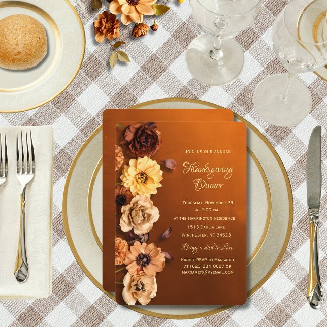 Copper Burnt Orange Dahlia Thanksgiving Invitation (Autumnal Dahlia Thanksgiving Dinner Invitation )