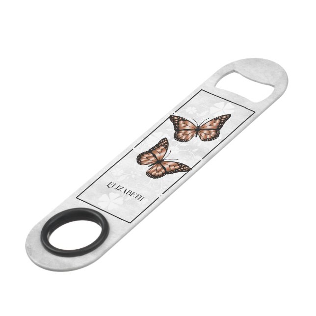 Copper Butterfly Floral Personalised Bar Key (Front Angled)