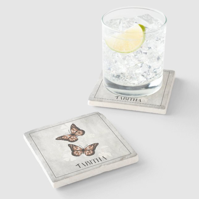 Copper Butterfly Floral Personalised Stone Coaster (Side)