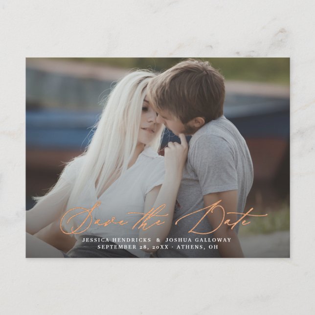 Copper Calligraphy Overlay Photo Save the Date Postcard (Front)