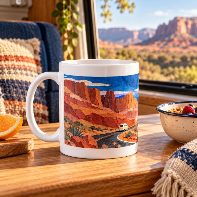 Copper Canyon Caravan Paper Collage Mug (Classic white 11 oz ceramic mug with white interior and handle. Styled scene; props not included.)