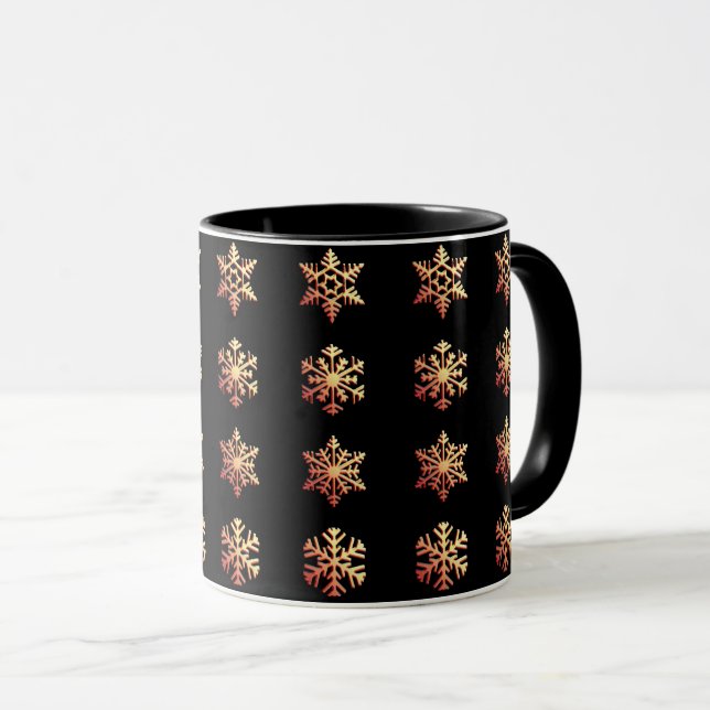 Copper Coloured 3-d snowflakes on Black  Mug (Front Right)