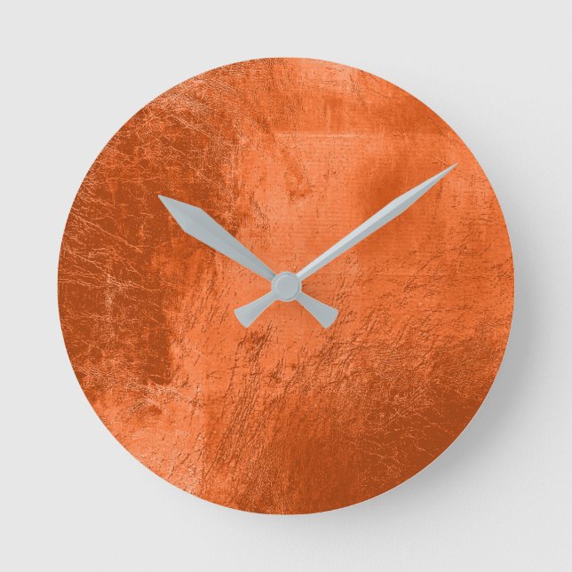 Copper Coral Leather Metal Glass Orange Minimal Round Clock (Front)