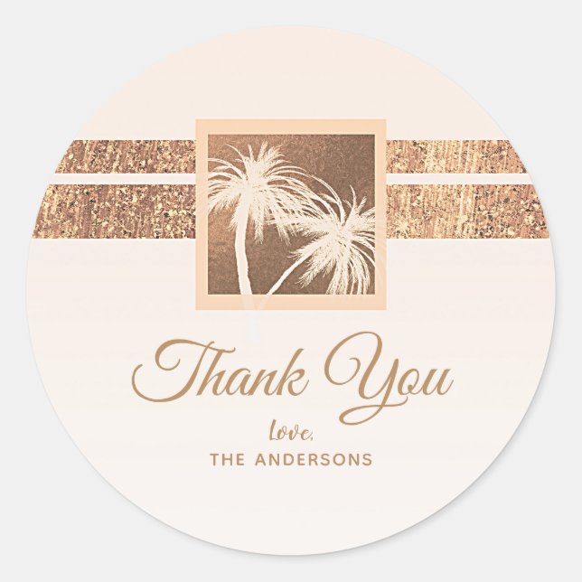 Copper & Cream Tropical Palm Trees Modern Wedding Classic Round Sticker (Front)