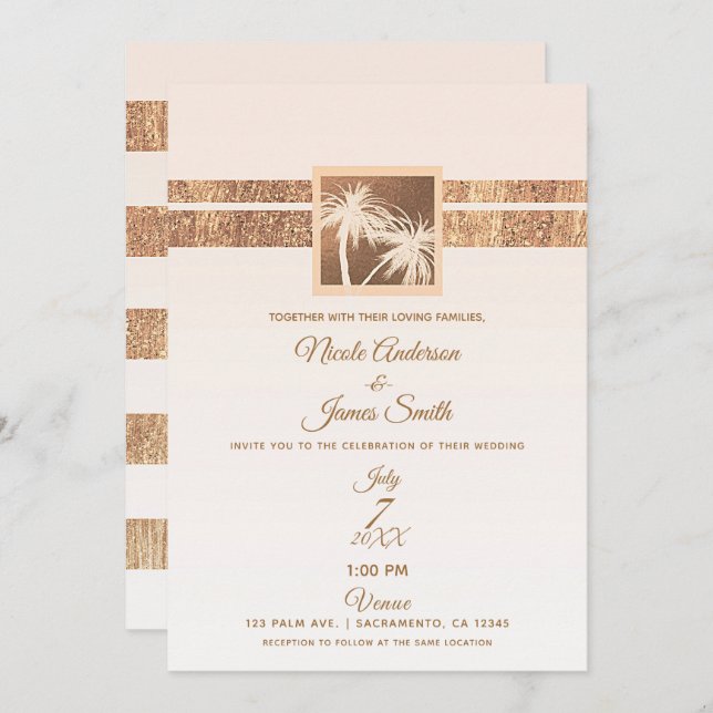 Copper & Cream Tropical Palm Trees Modern Wedding Invitation (Front/Back)