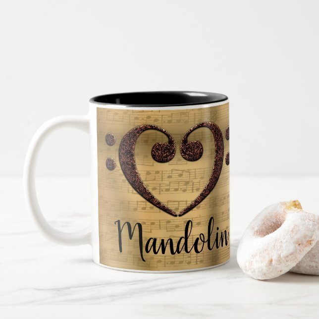 Copper Double Bass Clef Heart Mandolin Two-Tone Coffee Mug (With Donut)