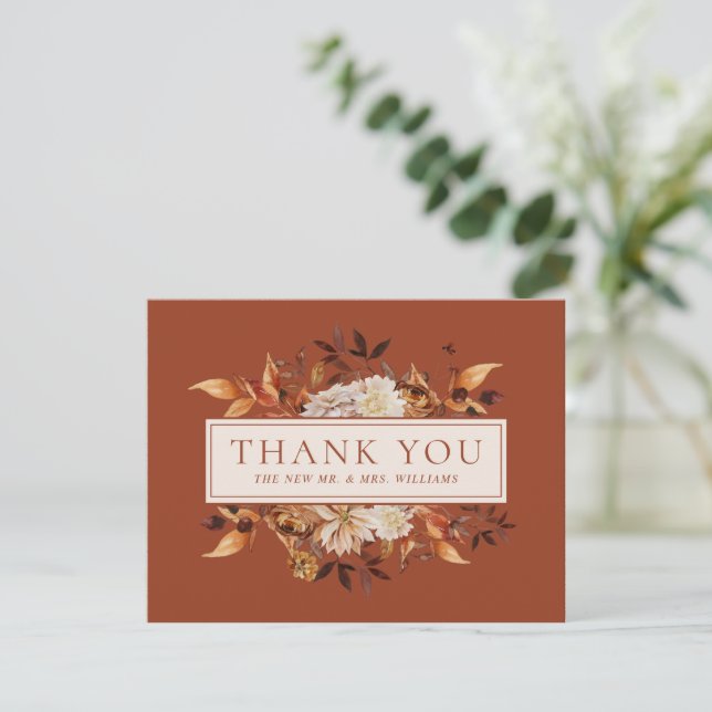 Copper Fall Terracotta Leaves Floral Thank You Card (Standing Front)