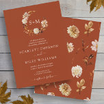Copper Fall Terracotta Monogram Wreath Wedding Invitation<br><div class="desc">Copper Fall Terracotta Monogram Wreath Wedding Invitation. This elegant and rustic wedding invitation features hand-painted watercolor burnt orange and terracotta leaves, cream and beige dahlias, and beautiful rust-coloured roses perfect for a fall or autumn wedding! The back of the invite has a beautiful leaf and floral pattern on a copper...</div>