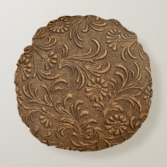 Copper Floral: Embossed Panel Art. Round Cushion (Front)