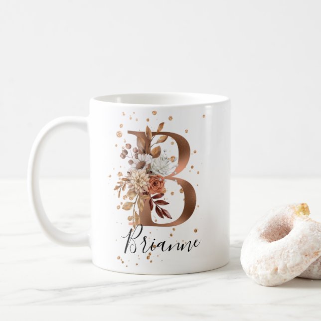 Copper Floral Letter B Monogram Coffee Mug (With Donut)