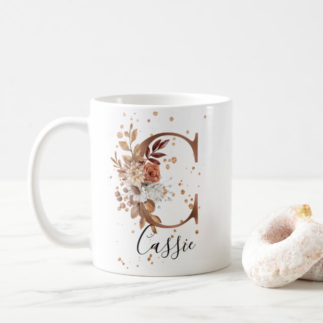 Copper Floral Letter C Monogram Coffee Mug (With Donut)