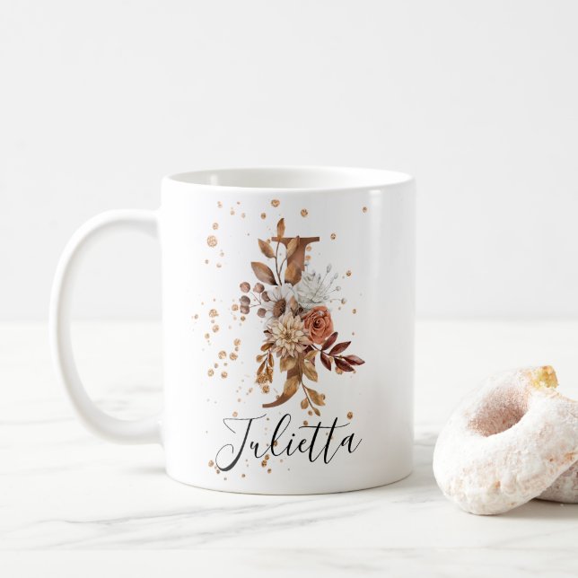 Copper Floral Letter J Monogram Coffee Mug (With Donut)