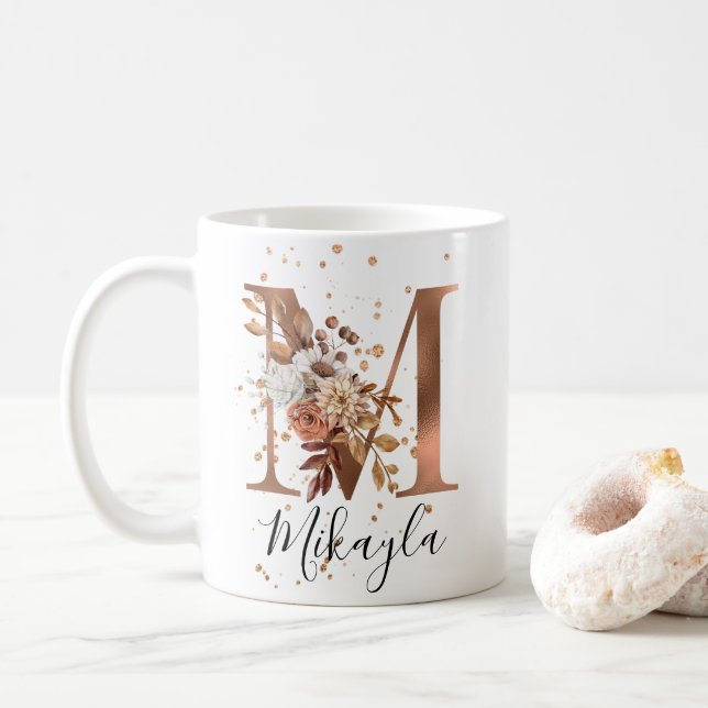 Copper Floral Letter M Monogram Coffee Mug (With Donut)