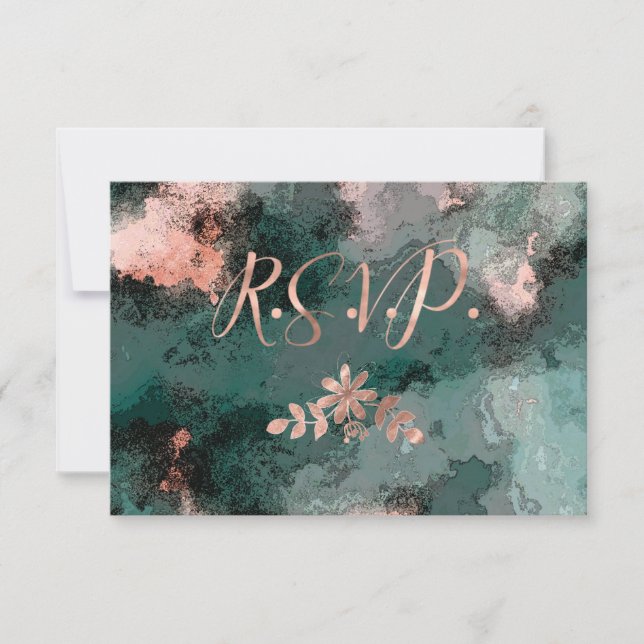 Copper Floral on Black and Teal RSVP Card (Front)