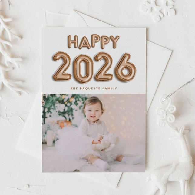 Copper Foil Balloons 2025 Happy New Year Photo Holiday Card (Customizable photo Happy New Year card featuring festive rose gold foil mylar balloons.)