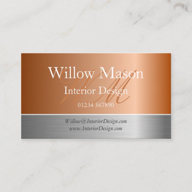 Copper Foil & Brushed Steel Monogram Business Card (Front)