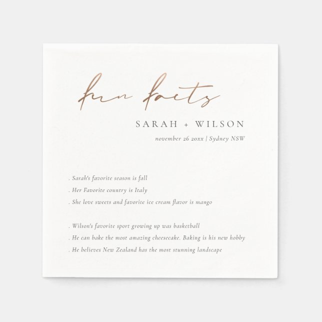 Copper Foil Script Black White Wedding Fun Facts  Napkin (Front)