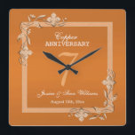 Copper Gem & Glitter 7th Wedding Anniversary   Square Wall Clock<br><div class="desc">Glamorous and elegant posh Copper 7th Wedding Anniversary wall clock with stylish copper gem stone jewels corner decorations and matching colored glitter border frame printed on a pretty copper colored background. A romantic design for your celebration. All text, font and font color is fully customizable to meet your requirements. If...</div>